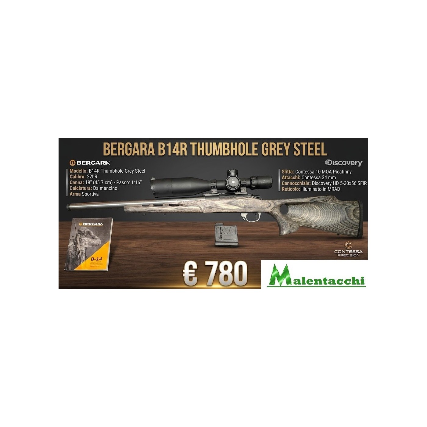 Bergara B14R Thumbhole Grey Steel calibro 22LR - calciatura da mancino